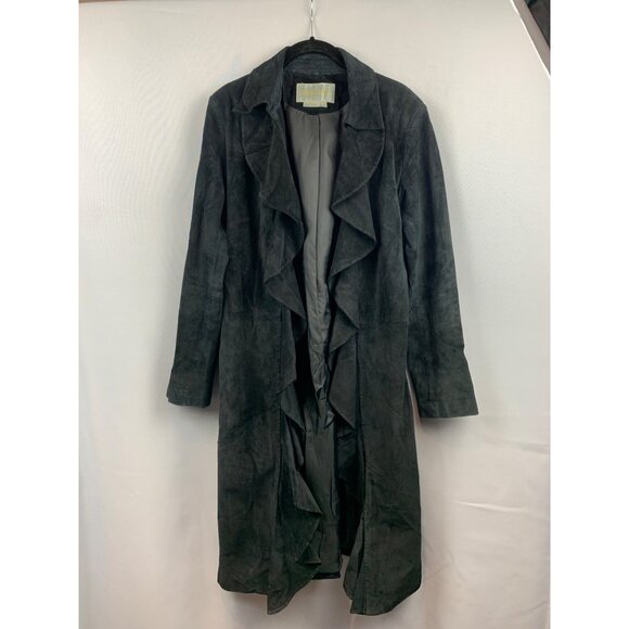 Margaret Godfrey Black Genuine Leather Ruffled Long Coat Size 6 - Picture 1 of 6
